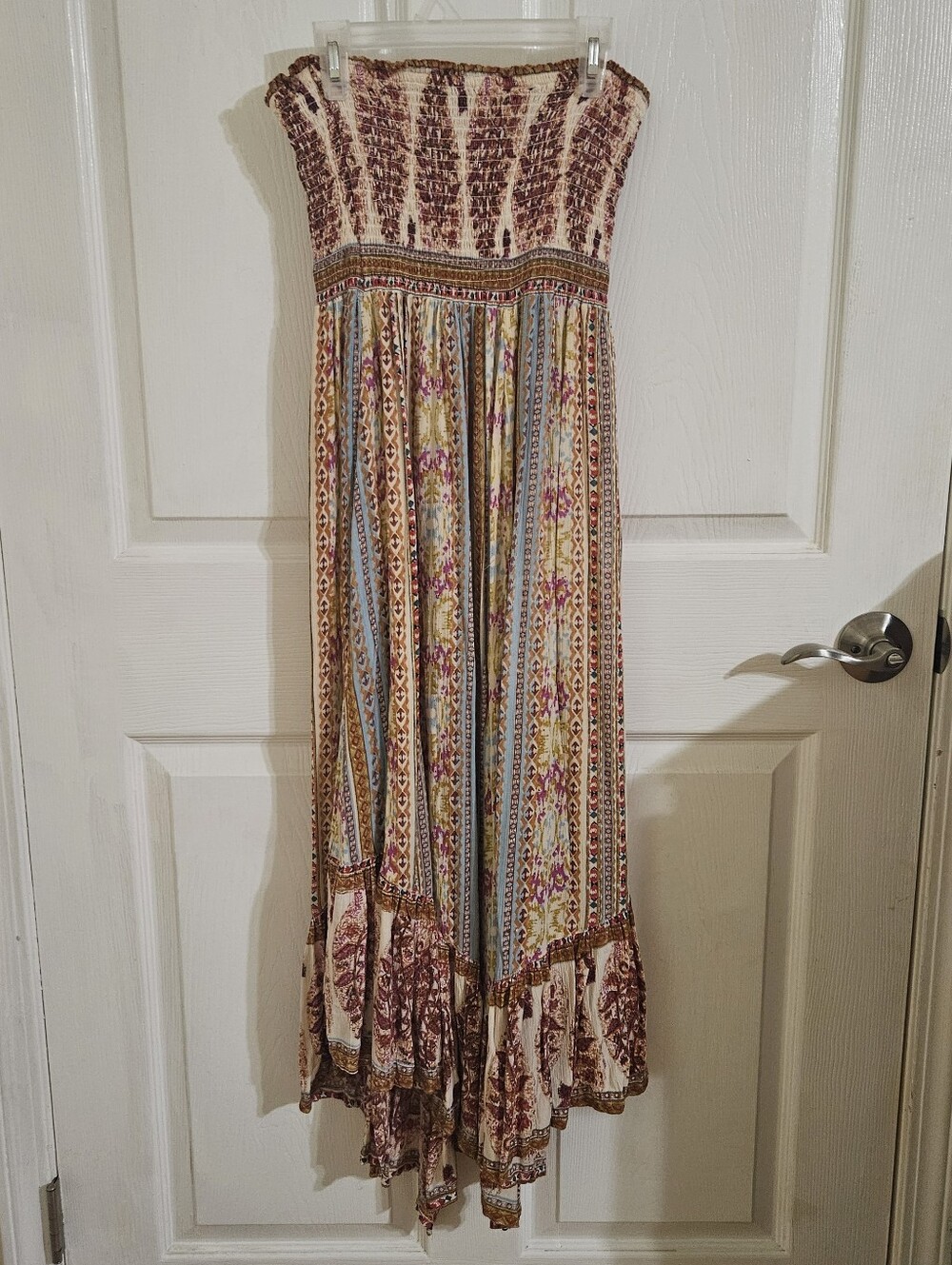 Angie Bohemian Strapless Maxi Dress in Cream, Brown, Blue